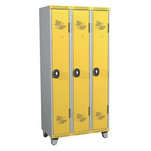Svařovaná šatní skříň Acial, 3 oddíly, 300 mm, na nohách, otočný uzávěr, šedá/žlutá