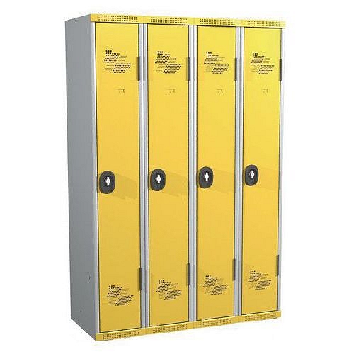 Svařovaná šatní skříň Acial, 4 oddíly, 300 mm, otočný uzávěr, šedá/žlutá