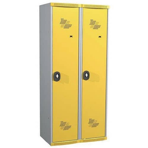 Svařovaná šatní skříň s mezistěnou Acial, 2 oddíly, 400 mm, otočný uzávěr, šedá/žlutá