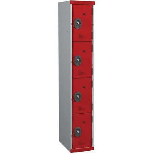 Svařovaná šatní skříň Acial, 1 sloupec, 4 boxy, 300 mm, cylindrický zámek, šedá/červená