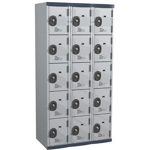 Svařovaná šatní skříň Acial, 3 sloupce, 15 boxů, 300 mm, cylindrický zámek, šedá/šedá