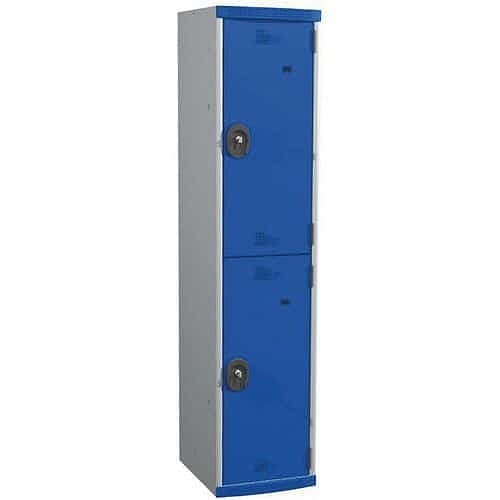 Svařovaná šatní skříň Acial, 1 sloupec, 2 boxy, 400 mm, cylindrický zámek, šedá/modrá