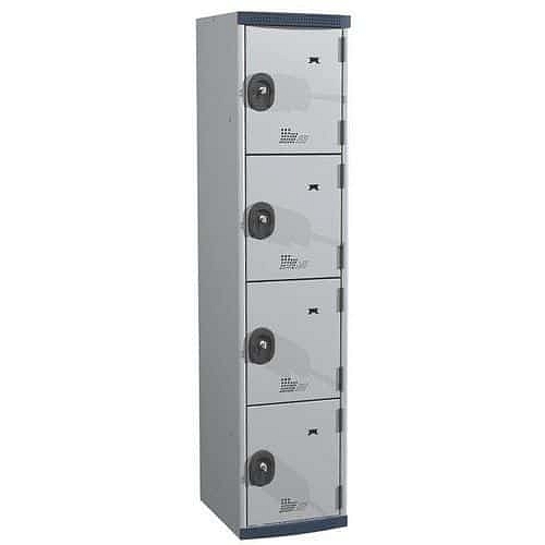 Svařovaná šatní skříň Acial, 1 sloupec, 4 boxy, 400 mm, cylindrický zámek, šedá/šedá