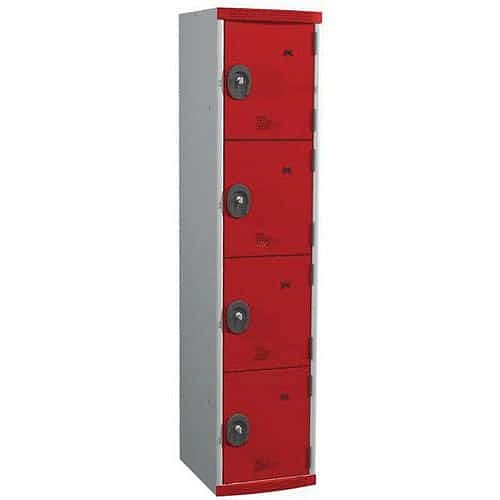 Svařovaná šatní skříň Acial, 1 sloupec, 4 boxy, 400 mm, cylindrický zámek, šedá/červená