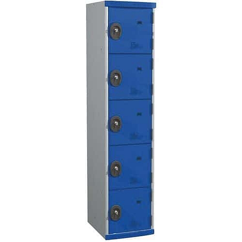 Svařovaná šatní skříň Acial, 1 sloupec, 5 boxů, 400 mm, cylindrický zámek, šedá/modrá