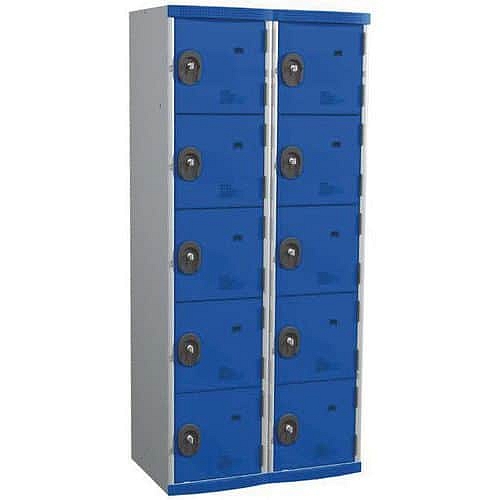 Svařovaná šatní skříň Acial, 2 sloupce, 10 boxů, 400 mm, cylindrický zámek, šedá/modrá