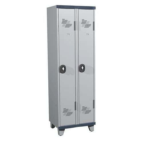 Svařovaná šatní skříň Acial, 2 oddíly, 300 mm, na nohách, otočný uzávěr, šedá/šedá