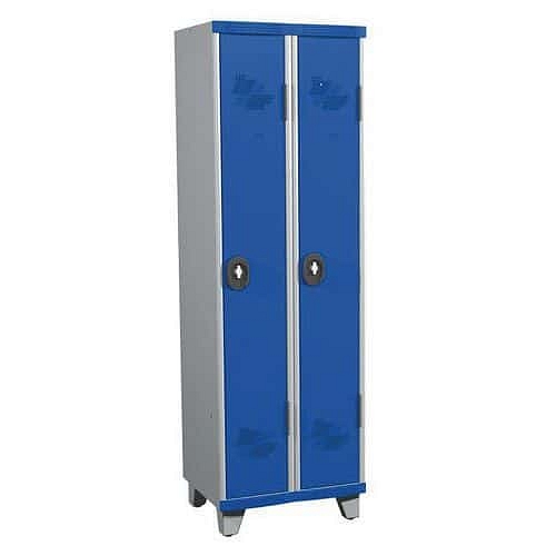 Svařovaná šatní skříň Acial, 2 oddíly, 300 mm, na nohách, otočný uzávěr, šedá/modrá