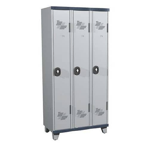 Svařovaná šatní skříň Acial, 3 oddíly, 300 mm, na nohách, otočný uzávěr, šedá/šedá