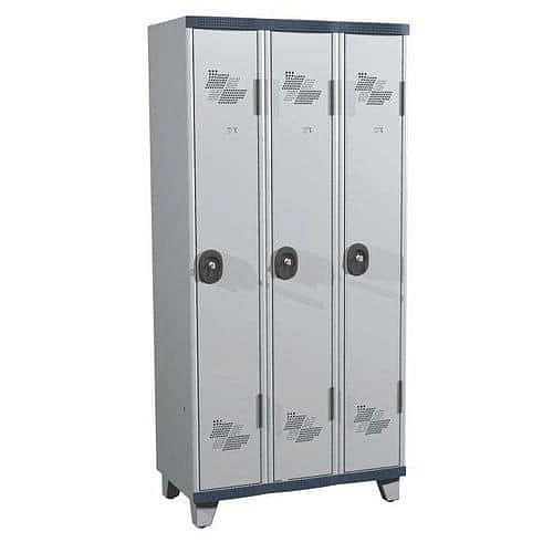 Svařovaná šatní skříň Acial, 3 oddíly, 300 mm, na nohách, cylindrický zámek, šedá/šedá