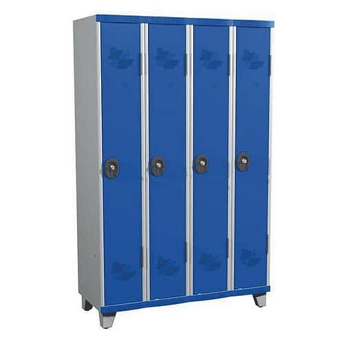 Svařovaná šatní skříň Acial, 4 oddíly, 300 mm, na nohách, cylindrický zámek, šedá/modrá