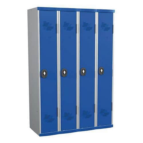 Svařovaná šatní skříň Acial, 4 oddíly, 300 mm, otočný uzávěr, šedá/modrá