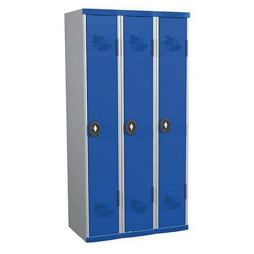 Svařovaná šatní skříň Acial, 3 oddíly, 300 mm, cylindrický zámek, šedá/modrá