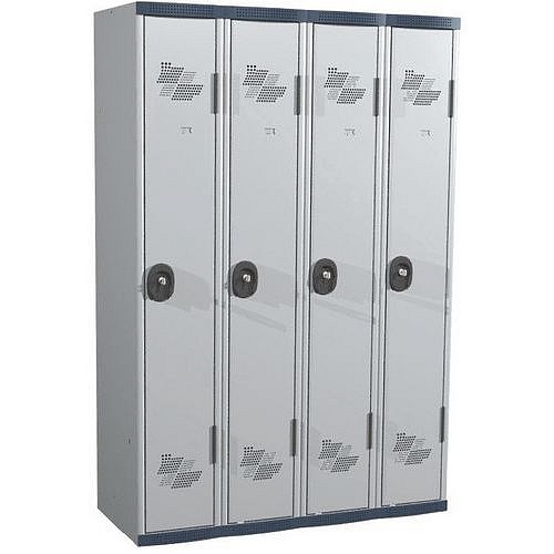 Svařovaná šatní skříň Acial, 4 oddíly, 300 mm, cylindrický zámek, šedá/šedá