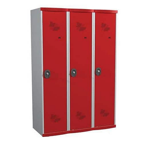 Svařovaná šatní skříň s mezistěnou Acial, 3 oddíly, 400 mm, cylindrický zámek, šedá/červená