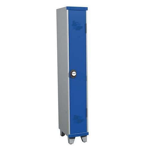 Svařovaná šatní skříň Acial, 1 oddíl, 300 mm, na nohách, kódový zámek, šedá/modrá