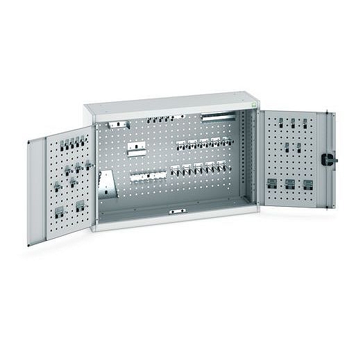 Závěsná skříňka Bott Cubio s držáky na nářadí a perfopanely, 70 x 105 x 32,5 cm, 40 držáků, šedá-šedá