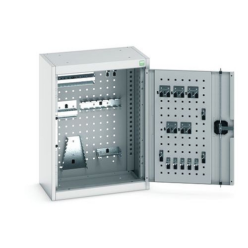 Závěsná skříňka Bott Cubio s držáky na nářadí a perfopanely, 70 x 52,5 x 32,5 cm, 20 držáků, šedá-šedá