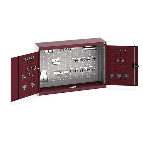 Závěsná skříňka Bott Cubio s držáky na nářadí a perfopanely, 70 x 105 x 32,5 cm, 40 držáků, šedá-červená
