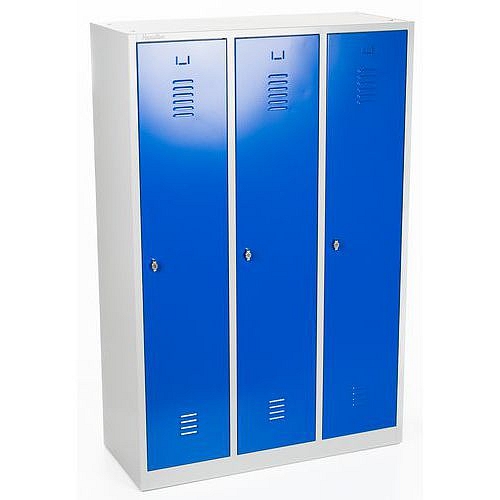 Svařovaná šatní skříň s mezistěnou, 3 oddíly, šedá/modrá, otočný uzávěr - Manutan Expert DURO PROFI