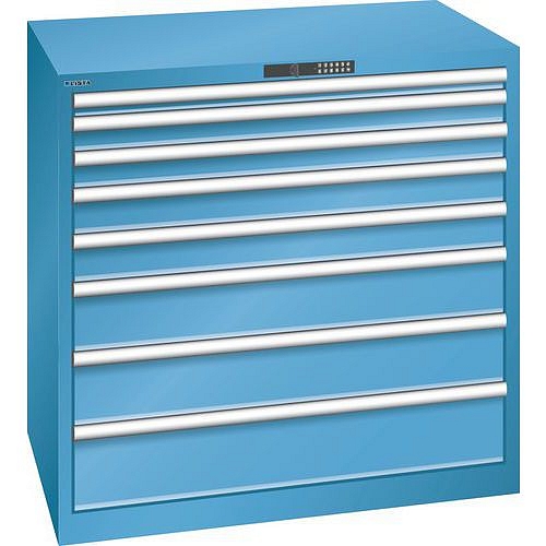 Dílenská zásuvková skříň LISTA, 8 zásuvek, nosnost 200kg, 1023x725 mm, otevírání kódem