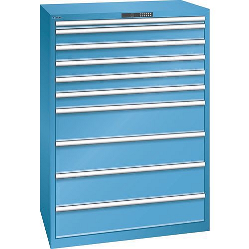 Dílenská zásuvková skříň LISTA, 10 zásuvek, nosnost 75kg, 1023x725 mm, otevírání kódem