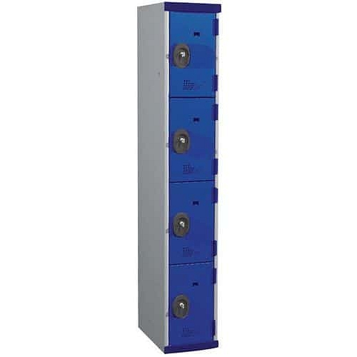 Svařovaná šatní skříň Acial, 1 sloupec, 4 boxy, 300 mm, cylindrický zámek, šedá/modrá