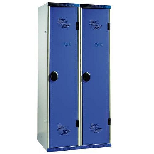 Svařovaná šatní skříň s mezistěnou Acial, 2 oddíly, 400 mm, cylindrický zámek, šedá/modrá