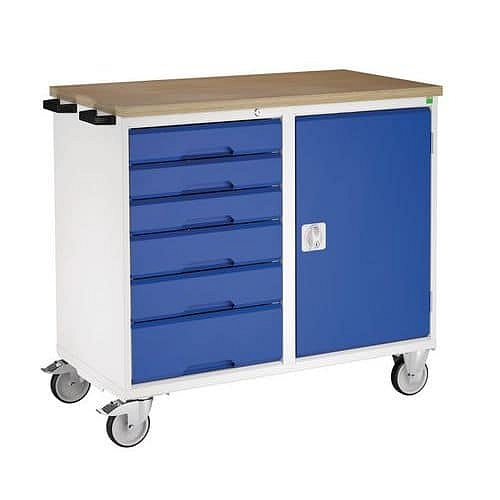 Údržový zásuvkový vozík Bott Verso, 98 x 105 x 60 cm, 6 zásuvek, skříňka, multiplex, šedá-modrá