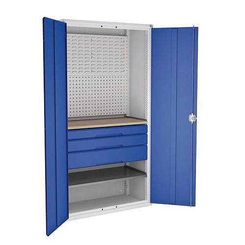 Dílenská skříň se zásuvkami Bott Verso, 200 x 105 x 55 cm, 1 police, 3 zásuvky, šedá-modrá