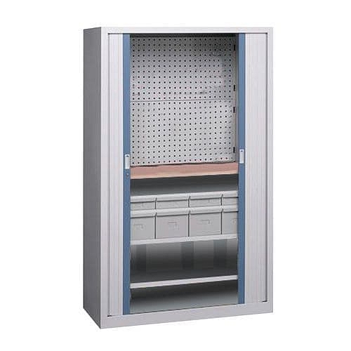 Kovová dílenská skříň zásuvková Vinco, s roletou, 198 x 120 x 53 cm, šedá/modrá