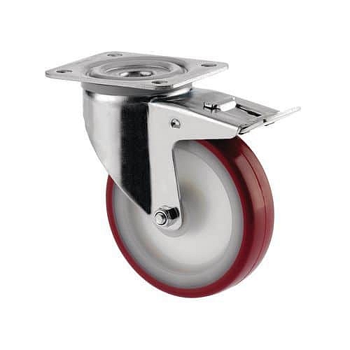 Polyuretanové transportní kolo s přírubou Tente, otočné s brzdou, kuličkové ložisko, 125 mm