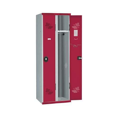 Svařovaná šatní skříň Acial, 2 oddíly, 300 mm, cylindrický zámek, šedá/červená