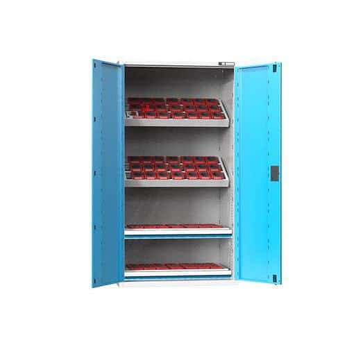 NC skříň s křídlovými dveřmi 54x27D s vybavením, var. 8, šedá-modrá