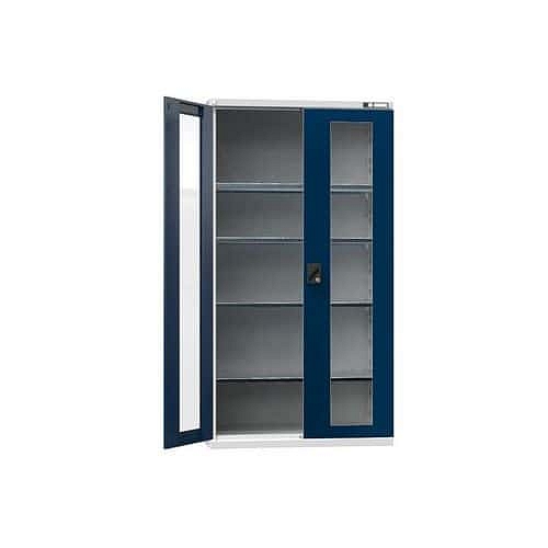Kovová dílenská skříň na nářadí SK1 s prosklenými dveřmi, 1950 x 1044 x 625 mm, 4 police, šedá/tmavě modrá