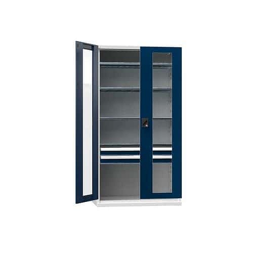 Kovová dílenská skříň na nářadí SK1 s prosklenými dveřmi, 1950 x 1044 x 625 mm, 4 police a 2 zásuvky, šedá/tmavě modrá