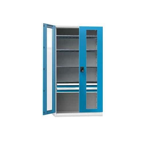 Kovová dílenská skříň na nářadí SK1 s prosklenými dveřmi, 1950 x 1044 x 625 mm, 4 police a 2 zásuvky, šedá/modrá