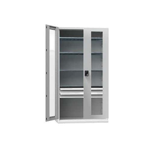 Kovová dílenská skříň na nářadí SK1 s prosklenými dveřmi, 1950 x 1044 x 625 mm, 4 police a 2 zásuvky, šedá/šedá