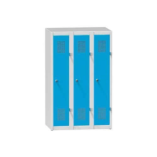 Kovová šatní skříň 3-dvířková na soklu, 750 x 500 x 1200 mm, šedá-modrá