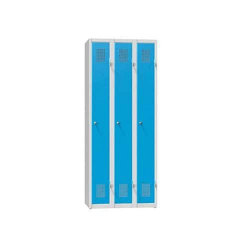 Kovová šatní skříň 3-dvířková na soklu, 750 x 500 x 1850 mm, šedá-modrá