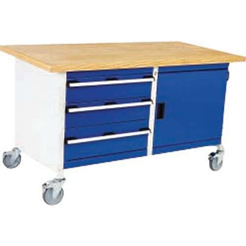 Mobilní dílenský stůl Bott Cubio Storage, 84 x 150 x 75 cm, 3 zásuvky, skříňka, multiplex, šedá-modrá
