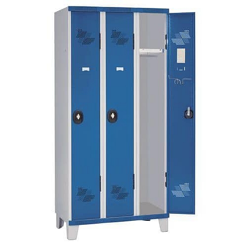 Svařovaná šatní skříň Acial, 3 oddíly, 300 mm, na nohách, cylindrický zámek, šedá/modrá