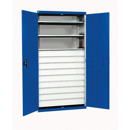 Dílenská skříň se zásuvkami Bott Cubio, 200 x 105 x 65 cm, 3 police, 9 zásuvek, šedá-modrá