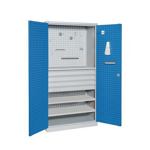 Kovová dílenská skříň Sofame, 195 x 100 x 45 cm, šedá/modrá, 2 police + kovové krytí, 4 zásuvky