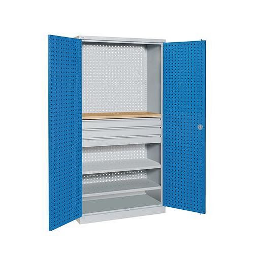 Kovová dílenská skříň Sofame, 195 x 100 x 45 cm, šedá/modrá, 2 police + dřevěné krytí, 3 zásuvky