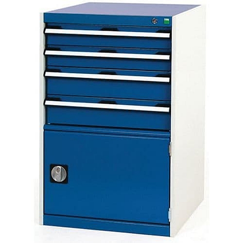 Dílenská zásuvková skříň Bott Cubio, 100 x 65 x 75 cm, 4 zásuvky, 1 skříňka, šedá-modrá
