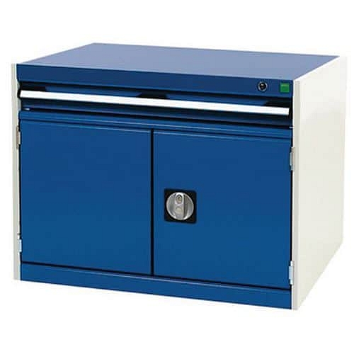 Dílenská zásuvková skříň Bott Cubio, 60 x 80 x 75 cm, 1 zásuvka, 1 skříňka, šedá-modrá