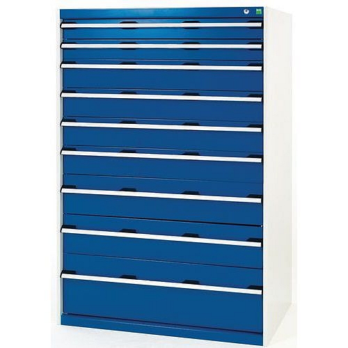 Dílenská zásuvková skříň Bott Cubio, 160 x 105 x 75 cm, 9 zásuvek, šedá-modrá