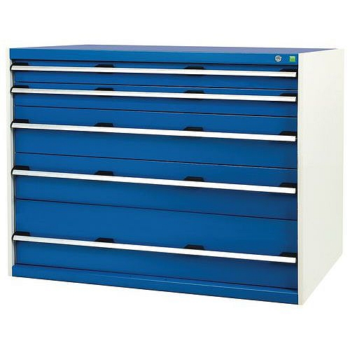 Dílenská zásuvková skříň Bott Cubio, 100 x 130 x 75 cm, 5 zásuvek, šedá-modrá