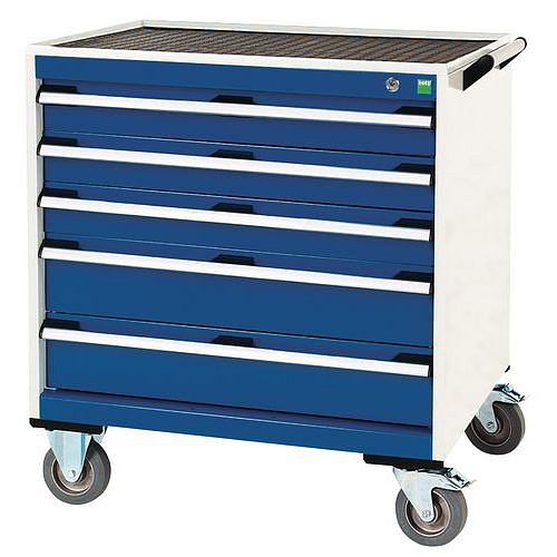 Mobilní zásuvková skříň Bott Cubio, 88,5 x 80 x 65 cm, 5 zásuvek, rohož, šedá-modrá